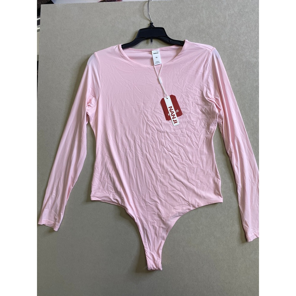 Nanji Pink Long Sleeve Bodysuit Crew Neck Thong Bottom Stretch Top XL NWT
